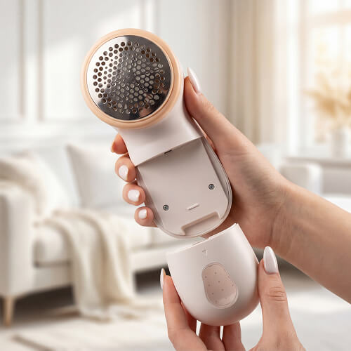 Женские руки держат машинку от катышков STL LR-S01 с открытым контейнером.