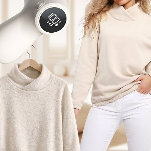 Машинка STL LR-S01 для удаления катышков рядом с бежевой кофтой и девушкой в светлой одежде