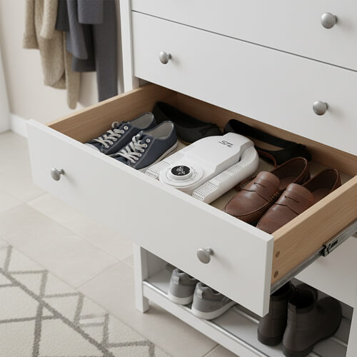 Антибактериальная сушилка для обуви stl sd-m01 лежит в обувном ящике.