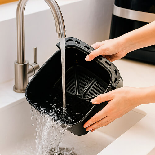 Женская рука держит чашу от аэрогриля STL KB-8002a под струей воды в кухонной раковине.