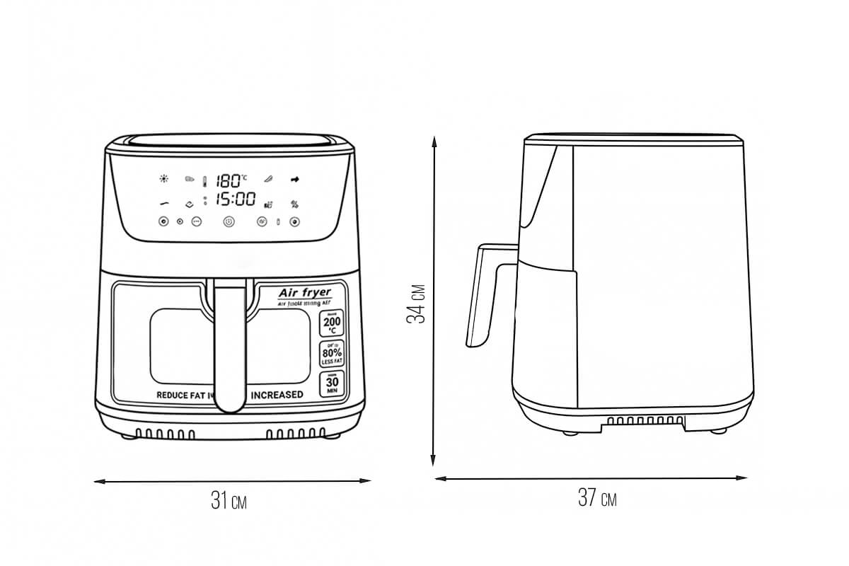 Схематическое изображение аэрогриля STL AF-9001a с размерами на белом фоне.