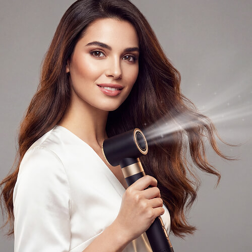 Девушка держит в руке фен стайлер с ионизатором STL HDS-m01