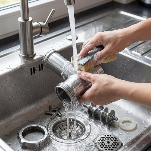 Женщина моет насадки от мясорубки STL MG-M11 в раковине.