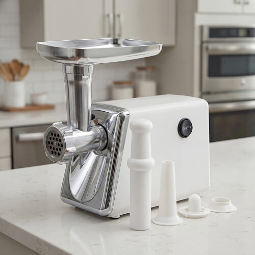 Мясорубка STL MG-M11 с набором насадок стоит на белом кухоном столе.