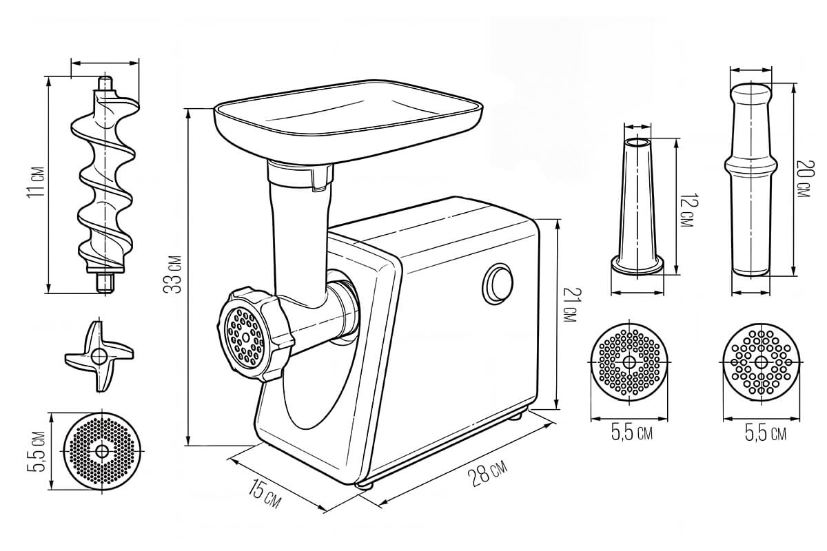 Схематическое изображение мясорубки STL MG-M11 с размерами на белом фоне.