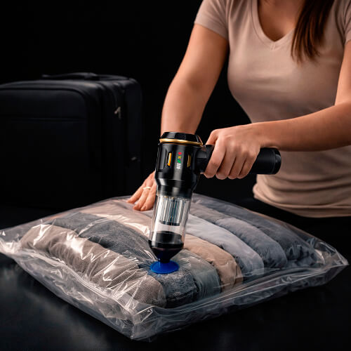 Женщина вакумирует пакет с одеждой с помощью автопылесоса STL CVC-M02