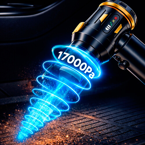 Визуализация мощности 17000Pa беспроводного автопылесоса STL-CVC-M02 при уборке мусора в салоне.