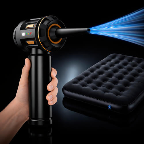 Компактный черный беспроводной пылесос 2-в-1 STL-CVC-M02 с насадкой для выдува воздуха, демонстрирующий процесс накачивания матраса