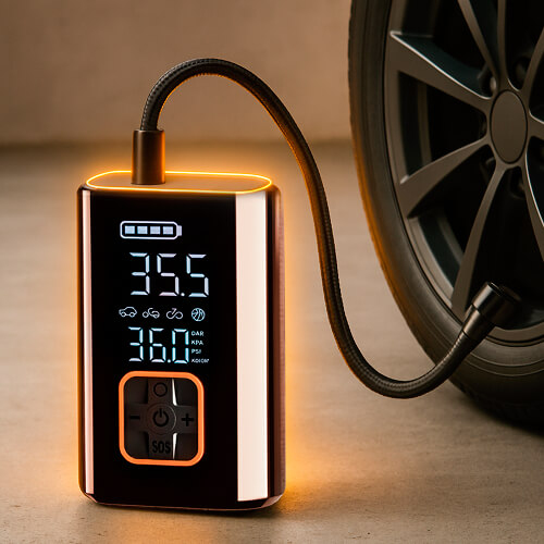 Автомобильный компресор STL AC-M01 подключен к олесу автомобиля.