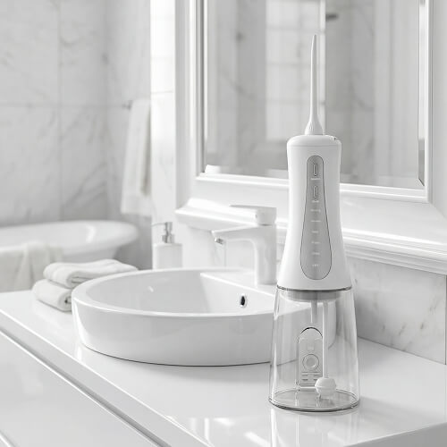 Ирригатор stl di-m01 стоит в ваннйо комнате возле раковины.