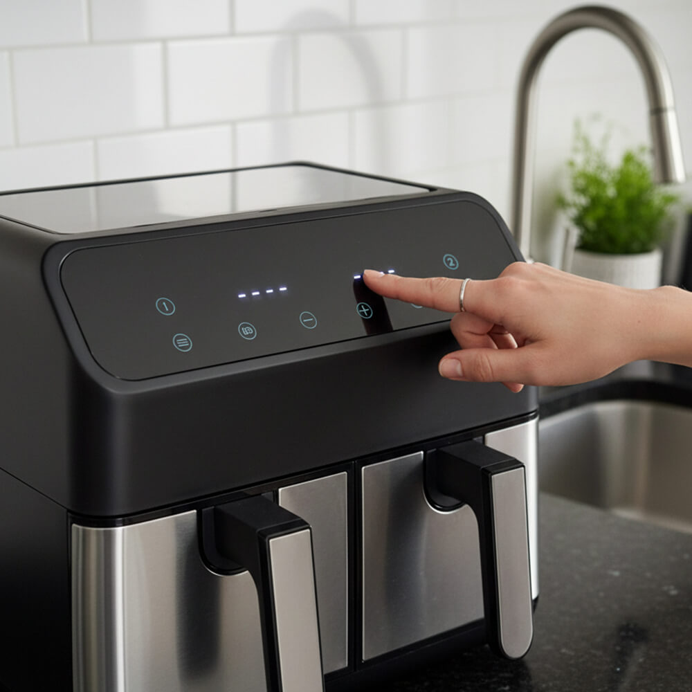 Женская рука на выбирает на сенсорном экране аэрогриля STL AF-9001a программу для приготовления.