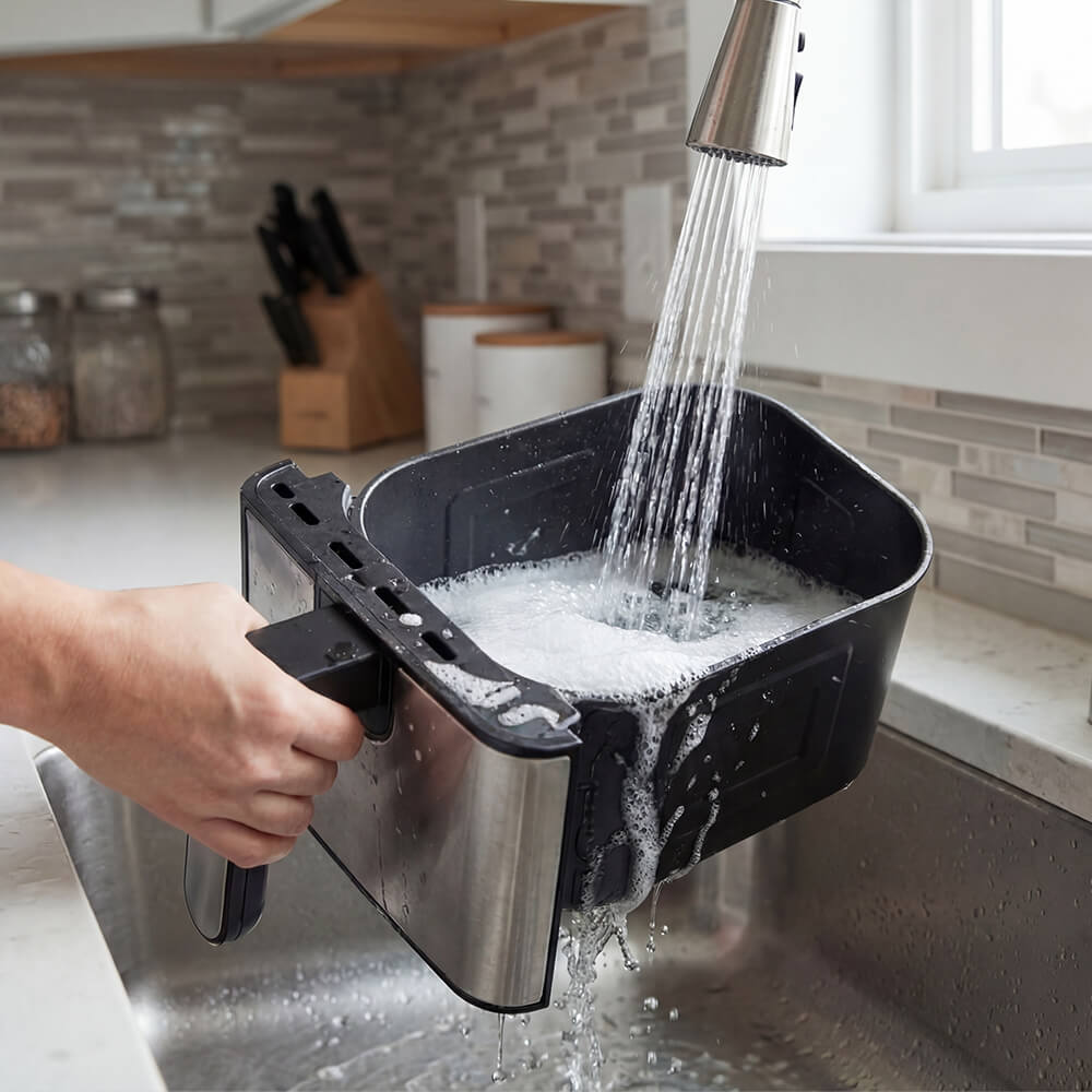 Женская рука держит чашу от аэрогриля STL AF-9001a под струей воды в кухонной раковине.