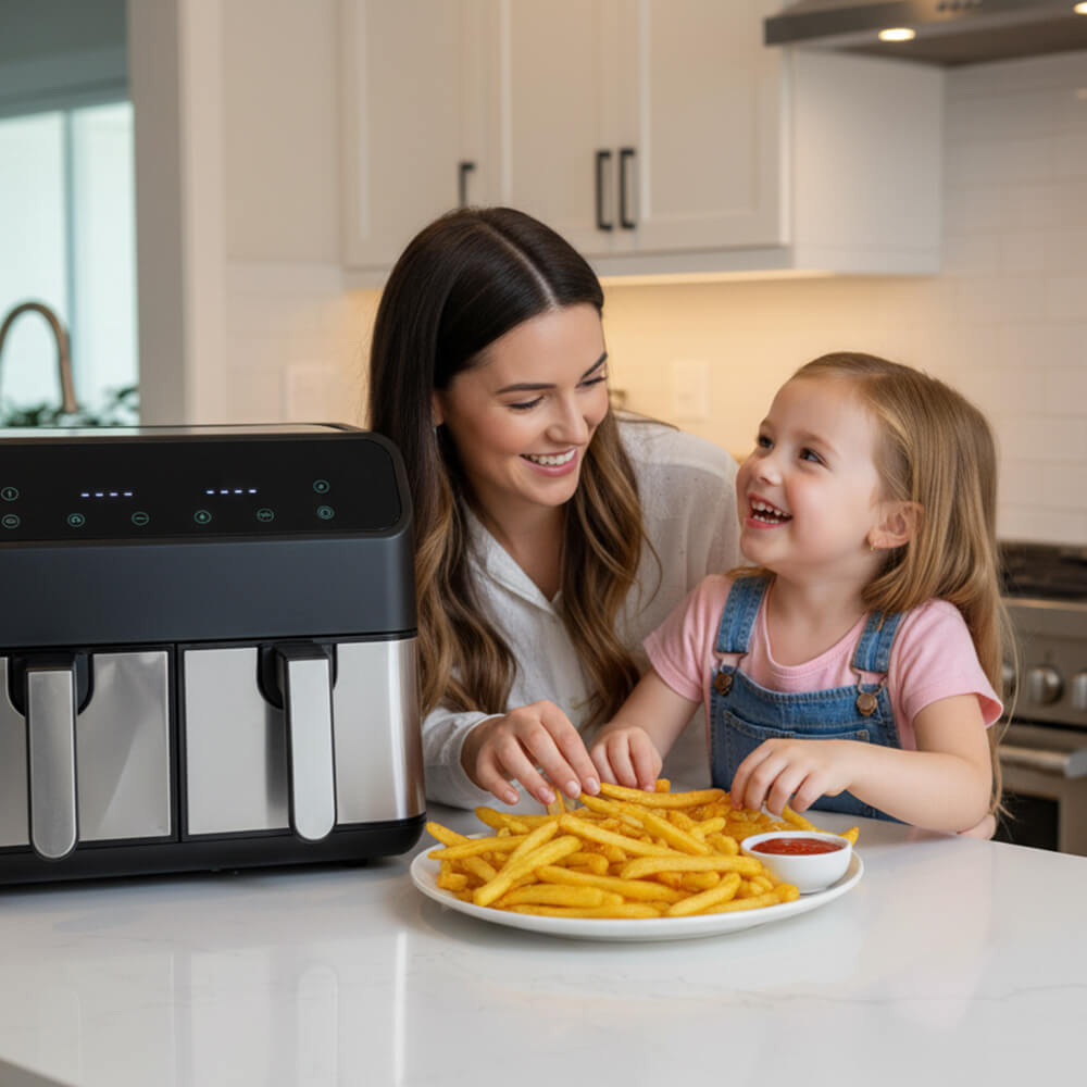 Аэрогриль STL AF-9001a на мраморном кухонном столе возле улыбающейся женщины с ребенком, которые кушают картошку фри.