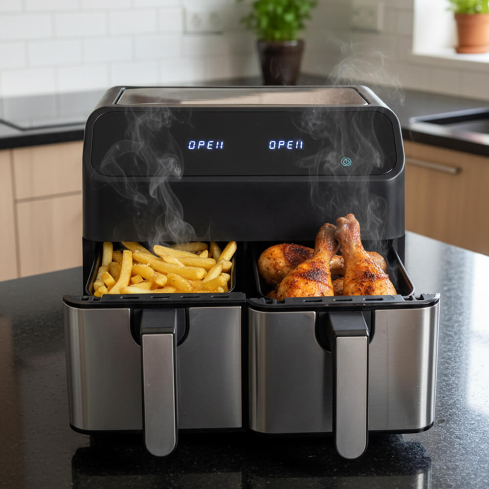 Аэрогриля STL AF-9001a стоит на черном мраморном столе с открытыми чашами с запеченными куриными голенями и картошкой фри.