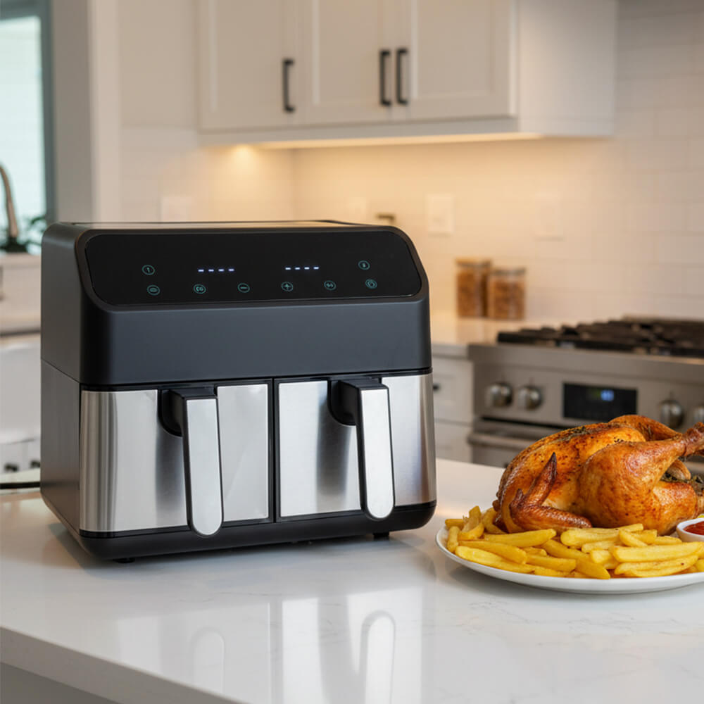 Аэрогриль STL AF-9001a на мраморном кухонном столе возле тарелки с запеченной курицей и картошкой фри